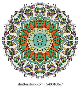 Mandala flower decoration, doodle round ornament, isolated colorful design element on a white background. Vector geometric circular floral pattern. Tribal ethnic arabic, indian, turkish motif