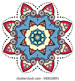 Mandala flower decoration, doodle round ornament, isolated colorful design element on a white background. Vector geometric circular floral pattern. Tribal ethnic arabic, indian, turkish motif