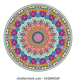 Mandala flower decoration, doodle round ornament, isolated colorful design element on a white background. Vector geometric circular floral pattern. Tribal ethnic arabic, indian, turkish motif