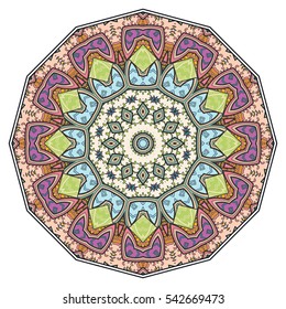 Mandala flower decoration, doodle round ornament, isolated colorful design element on a white background. Vector geometric circular floral pattern. Tribal ethnic arabic, indian, turkish motif