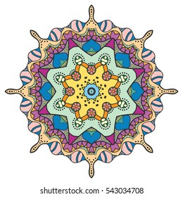 Mandala flower decoration, doodle round ornament, isolated colorful design element on a white background. Vector geometric circular floral pattern. Tribal ethnic arabic, indian, turkish motif