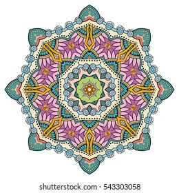 Mandala flower decoration, doodle round ornament, isolated colorful design element on a white background. Vector geometric circular floral pattern. Tribal ethnic arabic, indian, turkish motif