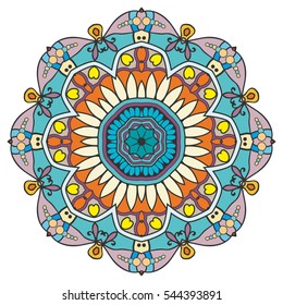 Mandala flower decoration, doodle round ornament, isolated colorful design element on a white background. Vector geometric circular floral pattern. Tribal ethnic arabic, indian, turkish motif