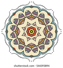 Mandala flower decoration, doodle round ornament, isolated colorful design element on a white background. Vector geometric circular floral pattern. Tribal ethnic arabic, indian, turkish motif