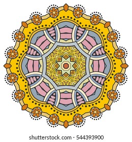 Mandala flower decoration, doodle round ornament, isolated colorful design element on a white background. Vector geometric circular floral pattern. Tribal ethnic arabic, indian, turkish motif