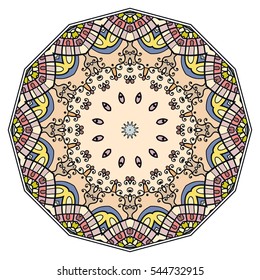 Mandala flower decoration, doodle round ornament, isolated colorful design element on a white background. Vector geometric circular floral pattern. Tribal ethnic arabic, indian, turkish motif