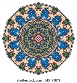 Mandala flower decoration, doodle round ornament, isolated colorful design element on a white background. Vector geometric circular floral pattern. Tribal ethnic arabic, indian, turkish motif
