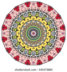 Mandala flower decoration, doodle round ornament, isolated colorful design element on a white background. Vector geometric circular floral pattern. Tribal ethnic arabic, indian, turkish motif