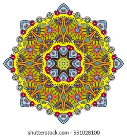 Mandala flower decoration, doodle round ornament, isolated colorful design element on a white background. Vector geometric circular floral pattern. Tribal ethnic arabic, indian, turkish motif