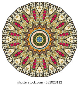 Mandala flower decoration, doodle round ornament, isolated colorful design element on a white background. Vector geometric circular floral pattern. Tribal ethnic arabic, indian, turkish motif