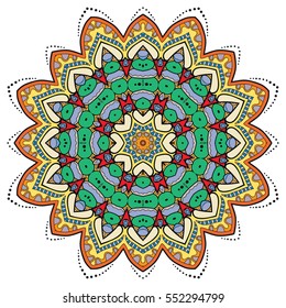 Mandala flower decoration, doodle round ornament, isolated design element on a white background. Vector geometric floral pattern. Tribal ethnic arabic, indian, turkish motif. Colorful abstract art