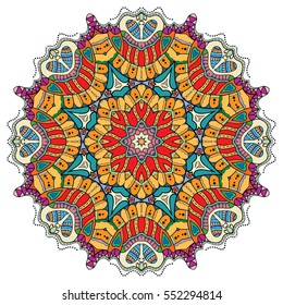Mandala flower decoration, doodle round ornament, isolated design element on a white background. Vector geometric floral pattern. Tribal ethnic arabic, indian, turkish motif. Colorful abstract art