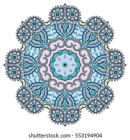 Mandala flower decoration, doodle round ornament, isolated design element on a white background. Vector geometric floral pattern. Tribal ethnic arabic, indian, turkish motif. Colorful abstract art