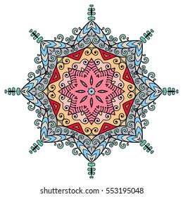 Mandala flower decoration, doodle round ornament, isolated design element on a white background. Vector geometric floral pattern. Tribal ethnic arabic, indian, turkish motif. Colorful abstract art