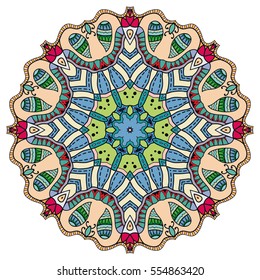 Mandala flower decoration, doodle round ornament, isolated design element on a white background. Vector geometric floral pattern. Tribal ethnic arabic, indian, turkish motif. Colorful abstract art