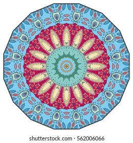 Mandala flower decoration, doodle round ornament, isolated design element on a white background. Vector geometric floral pattern. Tribal ethnic arabic, indian, turkish motif. Colorful abstract art