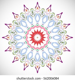 Mandala flower decoration, doodle round ornament, isolated design element on a white background. Vector geometric floral pattern. Tribal ethnic arabic, indian, turkish motif. Colorful abstract art