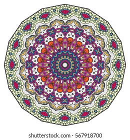 Mandala flower decoration, doodle round ornament, isolated design element on a white background. Vector geometric floral pattern. Tribal ethnic arabic, indian, turkish motif. Colorful abstract art
