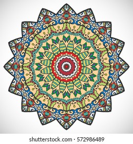 Mandala flower decoration, doodle round ornament, isolated design element on a white background. Vector geometric floral pattern. Tribal ethnic arabic, indian, turkish motif. Colorful abstract art