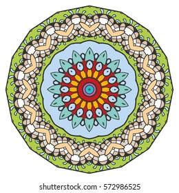 Mandala flower decoration, doodle round ornament, isolated design element on a white background. Vector geometric floral pattern. Tribal ethnic arabic, indian, turkish motif. Colorful abstract art