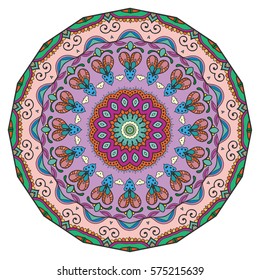 Mandala flower decoration, doodle round ornament, isolated design element on a white background. Vector geometric floral pattern. Tribal ethnic arabic, indian, turkish motif. Colorful abstract art