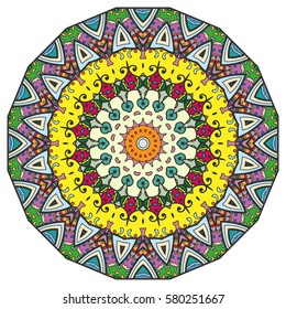 Mandala flower decoration, doodle round ornament, isolated design element on a white background. Vector geometric floral pattern. Tribal ethnic arabic, indian, turkish motif. Colorful abstract art