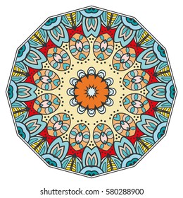 Mandala flower decoration, doodle round ornament, isolated design element on a white background. Vector geometric floral pattern. Tribal ethnic arabic, indian, turkish motif. Colorful abstract art