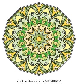 Mandala flower decoration, doodle round ornament, isolated design element on a white background. Vector geometric floral pattern. Tribal ethnic arabic, indian, turkish motif. Colorful abstract art