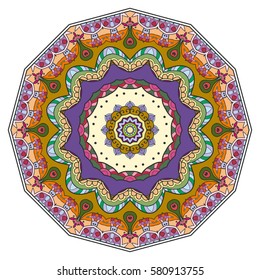 Mandala flower decoration, doodle round ornament, isolated design element on a white background. Vector geometric floral pattern. Tribal ethnic arabic, indian, turkish motif. Colorful abstract art