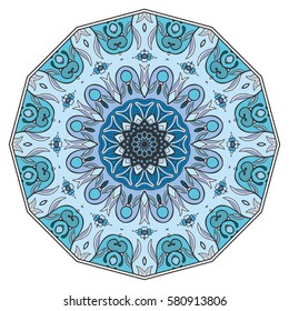 Mandala flower decoration, doodle round ornament, isolated design element on a white background. Vector geometric floral pattern. Tribal ethnic arabic, indian, turkish motif. Colorful abstract art