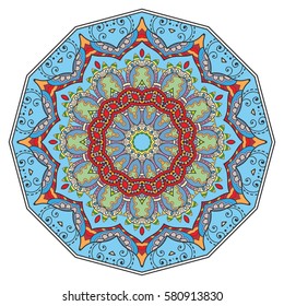 Mandala flower decoration, doodle round ornament, isolated design element on a white background. Vector geometric floral pattern. Tribal ethnic arabic, indian, turkish motif. Colorful abstract art