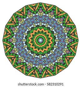 Mandala flower decoration, doodle round ornament, isolated design element on a white background. Vector geometric floral pattern. Tribal ethnic arabic, indian, turkish motif. Colorful abstract art