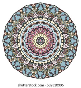 Mandala flower decoration, doodle round ornament, isolated design element on a white background. Vector geometric floral pattern. Tribal ethnic arabic, indian, turkish motif. Colorful abstract art