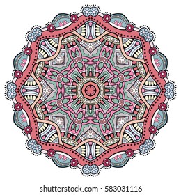Mandala flower decoration, doodle round ornament, isolated design element on a white background. Vector geometric floral pattern. Tribal ethnic arabic, indian, turkish motif. Colorful abstract art