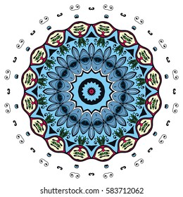 Mandala flower decoration, doodle round ornament, isolated design element on a white background. Vector geometric floral pattern. Tribal ethnic arabic, indian, turkish motif. Colorful abstract art