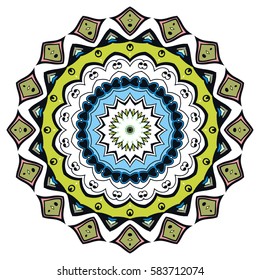 Mandala flower decoration, doodle round ornament, isolated design element on a white background. Vector geometric floral pattern. Tribal ethnic arabic, indian, turkish motif. Colorful abstract art
