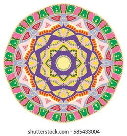 Mandala flower decoration, doodle round ornament, isolated design element on a white background. Vector geometric floral pattern. Tribal ethnic arabic, indian, turkish motif. Colorful abstract art