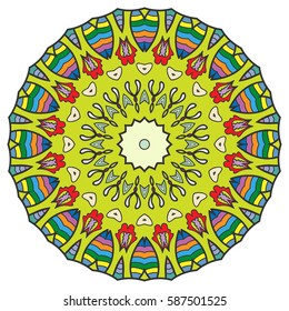 Mandala flower decoration, doodle round ornament, isolated design element on a white background. Vector geometric floral pattern. Tribal ethnic arabic, indian, turkish motif. Colorful abstract art