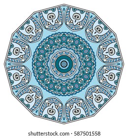 Mandala flower decoration, doodle round ornament, isolated design element on a white background. Vector geometric floral pattern. Tribal ethnic arabic, indian, turkish motif. Colorful abstract art