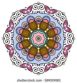 Mandala flower decoration, doodle round ornament, isolated design element on a white background. Vector geometric floral pattern. Tribal ethnic arabic, indian, turkish motif. Colorful abstract art