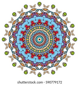 Mandala flower decoration, doodle round ornament, isolated design element on a white background. Vector geometric floral pattern. Tribal ethnic arabic, indian, turkish motif. Colorful abstract art