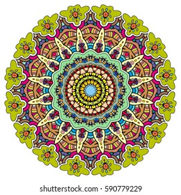 Mandala flower decoration, doodle round ornament, isolated design element on a white background. Vector geometric floral pattern. Tribal ethnic arabic, indian, turkish motif. Colorful abstract art