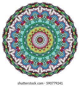 Mandala flower decoration, doodle round ornament, isolated design element on a white background. Vector geometric floral pattern. Tribal ethnic arabic, indian, turkish motif. Colorful abstract art
