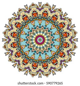 Mandala flower decoration, doodle round ornament, isolated design element on a white background. Vector geometric floral pattern. Tribal ethnic arabic, indian, turkish motif. Colorful abstract art