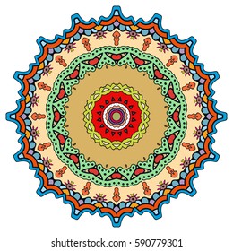 Mandala flower decoration, doodle round ornament, isolated design element on a white background. Vector geometric floral pattern. Tribal ethnic arabic, indian, turkish motif. Colorful abstract art