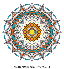 Mandala flower decoration, doodle round ornament, isolated design element on a white background. Vector geometric floral pattern. Tribal ethnic arabic, indian, turkish motif. Colorful abstract art