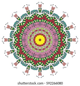 Mandala flower decoration, doodle round ornament, isolated design element on a white background. Vector geometric floral pattern. Tribal ethnic arabic, indian, turkish motif. Colorful abstract art