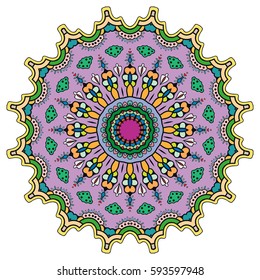 Mandala flower decoration, doodle round ornament, isolated design element on a white background. Vector geometric floral pattern. Tribal ethnic arabic, indian, turkish motif. Colorful abstract art