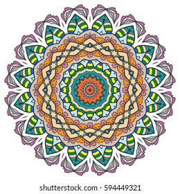 Mandala flower decoration, doodle round ornament, isolated design element on a white background. Vector geometric floral pattern. Tribal ethnic arabic, indian, turkish motif. Colorful abstract art