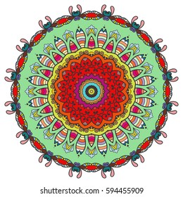 Mandala flower decoration, doodle round ornament, isolated design element on a white background. Vector geometric floral pattern. Tribal ethnic arabic, indian, turkish motif. Colorful abstract art
